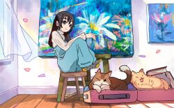  1girl absurdres black_eyes black_hair blue_socks book cat chair closed_mouth commentary_request curtains dot_nose easel feet_on_chair from_side hair_between_eyes highres indoors knees_up long_hair long_sleeves looking_at_viewer open_suitcase original painting_(object) pendant_earrings petals sidelocks sitting socks solo stool suitcase takaichi_(tkch) two-tone_socks wind window wooden_floor yellow_socks 