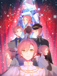  1girl black_gloves black_hat blue_shirt closed_mouth collared_shirt commentary_request cosplay crossdressing crossdressing_(mtf) curtained_hair curtains elbow_gloves gloves grin hat highres jack_jeanne jacket mary_jane_(jack_jeanne) military_hat multiple_views nagatsuki_303 neckerchief oh_rama_havenna! open_mouth pink_hair pinstripe_jacket pinstripe_pattern profile reverse_trap shirt short_hair sissia_of_the_central_nation sleepless_king_(jack_jeanne) sleeveless sleeveless_shirt smile stage_curtains suit_jacket tachibana_kisa tachibana_tsuki tachibana_tsuki_(cosplay) weekend_lesson_(jack_jeanne) white_shirt yellow_eyes yellow_neckerchief 