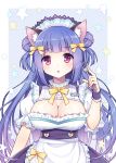  1girl :o animal_ears apron blue_hair blush bow breasts cat_ears cleavage_cutout double_bun fork hair_bow heart highres large_breasts long_hair looking_at_viewer maid mauve name_tag original red_eyes short_sleeves solo waist_apron wrist_cuffs 