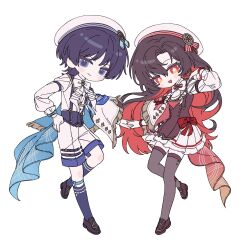  +_+ 1boy 1girl absurdres aiguillette arm_strap arms_at_sides artist_request black_corset black_hair black_thighhighs black_vest blue_cape blunt_ends blush bow bowtie breasts bright_pupils brooch brown_shoes buttons camellia_(trave1er) cape capelet choppy_bangs closed_mouth collared_shirt color_coordination colored_inner_hair commission corset couple curtained_hair double-breasted dress_shirt eyeliner fingernails fringe-trimmed_cape full_body gem genshin_impact gold grey_eyes hand_up hat hetero highres holding_hands jewelry kneehighs legwear_garter long_hair long_sleeves looking_at_viewer makeup matching_outfits medium_skirt multicolored_hair oc_x_canon open_mouth original pleated_skirt purple_socks red_bow red_eyeliner red_eyes red_gem red_hair red_nails sailor_hat scaramouche_(genshin_impact) second-party_source shirt shoes shorts side_cape skirt small_breasts socks suspender_corset suspenders thigh-highs triangle_mouth tsurime two-sided_cape two-sided_fabric very_long_hair vest wanderer_(genshin_impact) wanderer_(resplendent_feast)_(genshin_impact) white_background white_bow white_bowtie white_capelet white_hat white_pupils white_shirt white_shorts white_skirt white_sleeves white_trim wolf_cut 