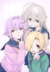  3girls ahoge blonde_hair braid brown_eyes cardigan commentary_request dokuromaru grey_hair hair_over_one_eye highres hoshi_syoko idolmaster idolmaster_cinderella_girls kawaii_boku_to_142's_(idolmaster) koshimizu_sachiko long_hair looking_at_viewer multiple_girls purple_hair sailor_collar shirasaka_koume short_hair smile upper_body v 