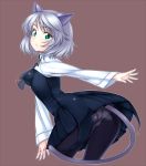  1girl animal_ears arched_back ass bent_over black_legwear breasts cat_ears cat_tail green_eyes looking_back necktie open_mouth panties panties_under_pantyhose pantyhose sanya_v_litvyak short_hair silver_hair simple_background skin_tight solo strike_witches tail underwear upskirt zizi_(zz22) 
