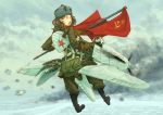  1girl boots brown_hair flag flying fur_hat gloves green_eyes hat kome long_hair mecha_musume open_mouth parachute shouting smoke soviet_flag world_war_ii yak-1 