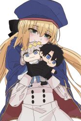  1girl artoria_caster_(fate) artoria_caster_(second_ascension)_(fate) artoria_pendragon_(fate) black_gloves blonde_hair blue_cape blush cape character_doll commentary_request doll fate/grand_order fate_(series) fujimaru_ritsuka_(male) fujimaru_ritsuka_(male)_(polar_chaldea_uniform) gloves green_eyes highres hugging_doll hugging_object long_sleeves oberon_(fate) smile two-sided_cape two-sided_fabric upper_body yakudo_trio yasa_sio 