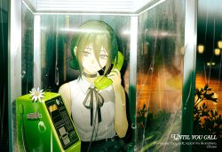  1girl artist_name bare_arms bare_shoulders black_choker black_hair black_ribbon black_shorts blouse breasts chainsaw_man choker closed_mouth collared_shirt commentary_request english_text flower grenade_pin grey_eyes hair_between_eyes hair_bun highres holding holding_phone medium_breasts neck_ribbon ofuronu payphone phone rain reze_(chainsaw_man) ribbon shirt shorts sleeveless sleeveless_shirt solo updo upper_body white_flower white_shirt 