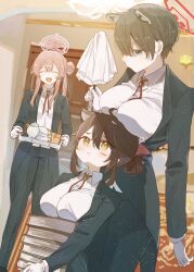  3girls ahoge animal_ears black_eyes black_hair black_jacket black_pants black_suit blue_archive blue_necktie bolo_tie book book_stack breasts butler closed_eyes commentary_request cup formal_clothes gloves green_necktie hair_between_eyes hair_bun halo height_difference highres holding holding_tray jacket kaede_(blue_archive) kuritiizu large_breasts long_hair long_sleeves mimori_(blue_archive) multiple_girls necktie open_mouth oppai_loli pants pink_hair purple_necktie red_necktie shirt short_hair single_side_bun suit tailcoat teacup teapot tray tsubaki_(blue_archive) tuxedo white_gloves white_shirt yellow_eyes 