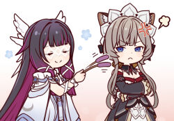  2girls :< afterimage anger_vein animal_ear_fluff animal_ears annoyed arm_ribbon black_bow black_dress black_hair black_sleeves blue_eyes blunt_bangs blush bow brown_hair cat_ears cat_teaser closed_eyes closed_mouth colored_inner_hair columbina_(genshin_impact) commentary_request crescent crossed_arms detached_collar detached_sleeves dress eye_mask feathered_wings flower_symbol frilled_sleeves frills frown genshin_impact gloves gradient_background gradient_hair hair_bow hair_intakes hair_ribbon hand_up haruneharu head_wings holding holding_cat_teaser kemonomimi_mode long_hair long_sidelocks long_sleeves mask multicolored_hair multiple_girls multiple_wings parted_bangs puff_of_air purple_hair purple_streaks ribbon sandrone_(genshin_impact) sidelocks smile split_mouth strapless strapless_dress streaked_hair u_u v-shaped_eyebrows very_long_hair white_background white_bow white_dress white_gloves white_headdress white_mask white_ribbon white_sleeves wide_sleeves winding_key wing_collar wings wrist_bow 