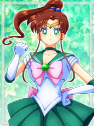  1girl back_bow bishoujo_senshi_sailor_moon bow bowtie brown_hair choker circlet clenched_hands commentary_request earrings elbow_gloves gloves green_choker green_eyes green_sailor_collar green_skirt hair_bobbles hair_ornament hand_on_own_hip high_ponytail highres jewelry kino_makoto looking_at_viewer mimimix pink_bow pink_bowtie ponytail sailor_collar sailor_jupiter sailor_senshi_uniform skirt solo white_gloves 