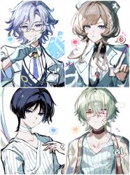  ... 1girl 3boys :< absurdres ahoge alternate_costume alyosha_(genshin_impact) ascot badge bandage_on_face bandaged_neck bandages bandaid bandaid_on_face black-framed_eyewear black_choker black_hair black_vest blood blue_eyes blue_hair blue_necktie blue_scarf blue_shirt blunt_ends bow breast_pocket breasts bright_pupils brown_hair buttons c_ixxp cable choker closed_mouth coat collarbone collared_shirt colored_blood commentary_request crossed_bangs detached_collar dress eyepatch fingernails gem genshin_impact glasses gloves green_hair hair_between_eyes hair_ornament hand_up hat headphones heart highres id_card index_finger_raised jacket jellyfish_cut jewelry lab_coat lapels long_sleeves looking_at_viewer male_focus medical_eyepatch medium_breasts mitya_(genshin_impact) multiple_boys necktie nurse_cap open_clothes open_coat open_jacket open_mouth patch pendant pink_blood pocket pointing pointing_at_viewer red_gem sandrone_(genshin_impact) scaramouche_(genshin_impact) scarf semi-rimless_eyewear shirt short_hair short_hair_with_long_locks sidelocks simple_background smile sparkle speech_bubble spoken_ellipsis spoken_heart spoken_object striped_clothes striped_shirt teeth upper_body v-shaped_eyebrows vest violet_eyes wavy_hair white_ascot white_background white_bow white_coat white_dress white_gloves white_hat white_jacket white_pupils white_shirt wide_sleeves x_hair_ornament yellow_eyes yellow_gem 