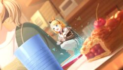  2girls :d after_the_fire_(project_sekai) aqua_eyes azusawa_kohane black_bow black_hairband black_shoes black_shorts blonde_hair bow bow_hairband cardigan cherry cherry_pie collared_shirt colorful_palette food fruit full_body game_asset green_cardigan hairband highres kagamine_rin medium_hair multicolored_bow multiple_girls necktie official_art orange_bow orange_necktie phone pie pie_slice plate project_sekai shirt shoes shorts smile squatting striped_clothes striped_necktie third-party_source tongue triangle twintails vivid_bad_squad_rin vocaloid white_necktie white_shirt 