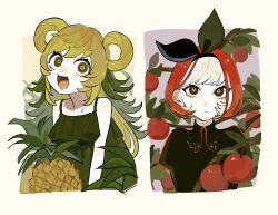  2girls :< :d absurdres aegyo_sal apple black_hairband black_shirt blonde_hair blunt_bangs bob_cut bow_hairband branch bright_pupils brown_eyes camisole collared_shirt colored_inner_hair commentary dee_(tannsumi) empty_eyes food fruit green_camisole green_hair hair_rings hairband high_collar highres holding holding_food holding_fruit holding_pineapple juliet_sleeves leaf long_hair long_sleeves looking_at_viewer multicolored_hair multiple_girls object_and_personification original personification pineapple puffy_sleeves red_hair shirt short_hair sidelocks simple_background smile thick_eyelashes untranslatable_commentary upper_body white_hair wide-eyed 