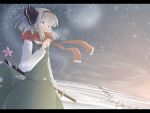  1girl blue_eyes breath covering_mouth east_asian_architecture facing_away flower hair_ribbon katana konpaku_youmu konpaku_youmu_(ghost) letterboxed long_sleeves morugen outdoors perspective ribbon scarf sheath sheathed skirt skirt_set snow snowing solo sword touhou tree twilight wall weapon white_hair wind winter 