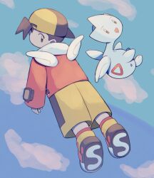  1boy backwards_hat baseball_cap black_hair black_hat brown_eyes clouds commentary_request ethan_(pokemon) flying hat highres hood hood_down hooded_jacket huyugmy jacket long_sleeves looking_back male_focus multicolored_hat open_mouth pants pokemon pokemon_(creature) pokemon_gold/silver/crystal shoes short_hair sky smile togetic very_short_hair white_wings wings yellow_hat yellow_pants yellow_shoes 