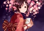  1girl black_eyes black_hair bucket cherry_blossoms flower japanese_clothes kimono original petals short_hair side_ponytail smile solo tan_(tangent) 