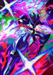  armor blade_arm blue_fire ceruledge commentary english_commentary euphythefox eye_trail fiery_hair fire helmet highres light_trail no_humans pokemon pokemon_(creature) pokemon_focus purple_armor purple_fire purple_helmet solo violet_eyes 