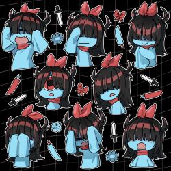  1girl :d :| aqua_(deltarune) aqua_dress aqua_flower aqua_skin black_background black_hair blunt_bangs bow closed_mouth colored_skin commentary covered_eyes covering_face cropped_torso crying crying_with_eyes_open cyclops d: deltarune dendenmushi1064 dress english_commentary fang flower grid_background hair_bow hand_on_own_head hand_up happy head_tilt highres kitchen_knife knife long_hair one-eyed own_hands_together parody red_bow red_eyes red_scarf salute scared scarf short_side_ponytail short_twintails side_ponytail sleeves_past_fingers sleeves_past_wrists smile solo style_parody surprised tears twintails unamused utdr_(toby_fox) yotsubato! 