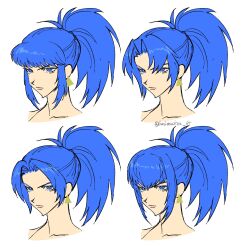  1girl babmuckza_64 blue_eyes blue_hair commentary_request earrings expression_chart from_side headshot high_ponytail highres jewelry korean_commentary leona_heidern multiple_views ponytail portrait serious signature simple_background the_king_of_fighters triangle_earrings upper_body white_background 