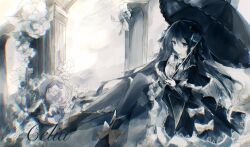  1girl arcaea architecture arm_cutout artist_name bib_collar black_bow black_bowtie black_capelet black_dress black_hair black_pantyhose black_shoes black_umbrella blue_corset blue_eyes blue_flower blue_rose bow bow_flower bowtie capelet celia. closed_mouth clothing_cutout collar commentary corset dress dress_bow flower frilled_collar frilled_sleeves frills greco-roman_architecture hair_between_eyes hair_flower hair_ornament hair_ribbon highres holding holding_umbrella long_hair long_sleeves looking_at_viewer pantyhose pillar pleated_capelet ribbon rose shoes signature sitting solo tairitsu_(arcaea) tairitsu_(grievous_lady)_(arcaea) umbrella 