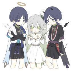  1girl 2boys aged_up alternate_costume alternate_hairstyle alternate_species angel_and_devil angel_wings anger_vein annoyed armor assertive_female bare_shoulders belt black_belt black_bodysuit black_bow black_bridal_gauntlets black_eyes black_hair black_horns black_kimono black_shorts black_sleeves black_tail black_wings blue_cape blue_gem blue_kimono blue_sleeves blunt_ends blush_stickers bodysuit bow boy_sandwich bridal_gauntlets cape cleavage_cutout closed_mouth clothing_cutout collar collarbone cropped_legs cross-shaped_pupils crossed_arms demon_horns demon_tail demon_wings detached_sleeves detached_wings dress dual_persona feathers furisode furrowed_brow gem genshin_impact gold_halo gradient_hair green_collar green_eyes green_gem green_hair hair_between_eyes hair_down hakama hakama_shorts halo hand_on_own_arm height_difference hetero highres holding holding_leash horns japanese_armor japanese_clothes juban kimono kote kurokote kusazuri layered_shorts layered_sleeves leash long_hair looking_at_another looking_at_viewer mandarin_collar medium_dress middle_ring multicolored_hair multiple_boys nahida_(genshin_impact) o-ring open_clothes open_kimono open_mouth pleated_shorts pointy_ears purple_rope purple_sash purple_shorts purple_sleeves red_kimono rope sandwiched sash scaramouche_(genshin_impact) scaramouche_(harbinger)_(genshin_impact) short_sleeves shorts side_cape strapless strapless_dress sweatdrop symbol-shaped_pupils tail tareme tassel traditional_halo tsurime uneven_eyes very_long_hair vision_(genshin_impact) wanderer_(genshin_impact) white_dress white_hair white_kimono white_sleeves white_wings wings wispy_bangs wolf_cut yellow_feathers yellow_pupils yoyuyu_0 