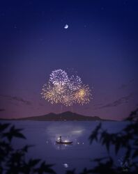  afloat artist_name blurry blurry_foreground boat commentary_request fireworks floating_lights lake lantern moon mountainous_horizon night original plant purple_background purple_sky scenery sky star_(sky) starry_sky starry_sky_background user_czdk4487 watercraft watermark 