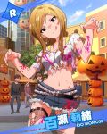  1girl 4boys :d :p brown_hair character_name fishnet_legwear fishnets halloween heart heart_eyes idolmaster idolmaster_million_live! jack-o&#039;-lantern licking_lips looking_at_viewer momose_rio multiple_boys open_mouth paint single_thighhigh smile thighhighs tongue torn_clothes torn_thighhighs zombie 