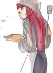  1girl apron bandana blazblue blue_eyes food from_behind hyakuhachi_(over3) long_hair redhead smile solo spatula tsubaki_yayoi 