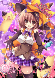  :d bow bowtie breasts brown_eyes brown_hair candy cat collared_shirt commentary_request demon_wings elbow_gloves food frills gloves halloween halloween_costume happy_halloween hat large_bow nanaroba_hana original outstretched_arms pleated_skirt shirt short_hair sideboob skirt sleeveless smile wings witch witch_hat zettai_ryouiki 