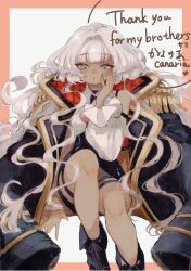  1girl ahoge bare_shoulders black_coat black_shorts blue_eyes blunt_bangs blush boots border breasts canariadraw cape closed_mouth coat coat_on_shoulders collared_shirt commentary_request commission dark-skinned_female dark_skin detached_sleeves english_text epaulettes feet_out_of_frame hair_intakes hand_on_own_cheek hand_on_own_face heart high-waist_shorts highres invisible_chair long_hair long_sleeves looking_at_viewer nail_polish parted_lips pink_border puffy_sleeves shirt shorts simple_background sitting skeb_commission sleeveless smile solo thank_you thigh_strap very_long_hair wavy_hair white_background white_hair white_shirt white_sleeves 