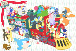  alolan_vulpix alternate_color archen bag bell bidoof bow box charizard chimecho christmas christmas_lights christmas_ornaments christmas_present christmas_wreath closed_eyes closed_mouth cofagrigus commentary_request croagunk delibird english_text foam_beard foam_mustache gift gift_box girafarig greninja happy_new_year hat highres holding holding_spray_can incineroar ivysaur jigglypuff kabuto_(pokemon) lucario luxray meowstic meowstic_(female) merry_christmas mewtwo minccino night no_humans open_mouth pachirisu pichu pikachu pikachu_tail_(female) pineco pokemon pokemon_(creature) pokemon_focus red_bow samsung_(yuzuikka) sealeo shelgon shiny_pokemon sitting sleeping sliggoo spiky-eared_pichu spray_can squirtle star_(sky) star_(symbol) staryu train tree tree_print white_background wreath zeraora 