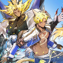  1boy abs animal_ears armor blonde_hair blue_background cat_boy cat_ears cat_tail closed_mouth commentary dual_persona facial_mark final_fantasy final_fantasy_xiv gloves howling_blade_(ff14) jacket jewelry long_hair male_focus miqo'te necklace open_clothes open_jacket pants red_eyes retsarra_(ff14) short_hair simple_background tail very_long_ears zearyu 