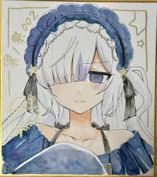  1girl absurdres artist_name bare_shoulders black_ribbon blue_dress blue_hairband bow collarbone commentary_request dot_nose dress dress_bow frilled_dress frilled_hairband frilled_sleeves frills furrowed_brow gothic_lolita hair_over_one_eye hair_ribbon hairband highres jewelry lolita_fashion lolita_hairband long_hair long_sleeves looking_at_viewer mahou_shoujo_no_majo_saiban natsume_an-an necklace off-shoulder_dress off_shoulder one_eye_covered polka_dot polka_dot_bow portrait ribbon segawa_luna shikishi signature simple_background sleeves_past_fingers sleeves_past_wrists solo straight-on traditional_media violet_eyes white_background white_hair 