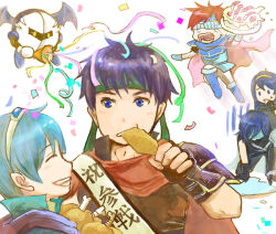  1girl 5boys bikke3 blue_eyes blue_hair cake chrom_(fire_emblem) commentary_request confetti eating fire_emblem fire_emblem:_mystery_of_the_emblem fire_emblem:_the_binding_blade fire_emblem_awakening food green_headband headband holding holding_food ike_(fire_emblem) kirby_(series) long_hair lucina_(fire_emblem) marth_(fire_emblem) meta_knight multiple_boys party_popper red_hair roy_(fire_emblem) short_hair super_smash_bros. tiara translation_request 