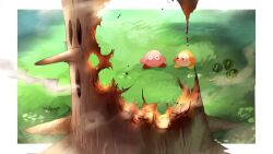  blush_stickers border burnt_tree colored_skin commentary_request food fruit kirby kirby_(series) looking_at_another no_humans orange_skin outside_border pink_skin shiburingaru smoke tree waddle_dee watermelon whispy_woods white_border wide-eyed 