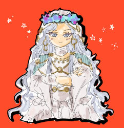  1girl :> black_outline blue_cape blue_eyes blush braid cape crossed_arms dot_nose dress elden_ring elden_ring_nightreign flower_wreath jewelry long_hair low_twin_braids outline red_background revenant_(elden_ring) solo star_(symbol) three-quarter_sleeves tokoyore twin_braids veil white_dress white_veil wide_sleeves 