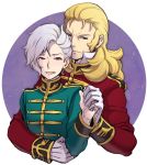  2boys angelo_sauper blonde_hair blue_eyes epaulettes full_frontal gundam gundam_unicorn military military_uniform multiple_boys silver_hair uniform violet_eyes yszw 