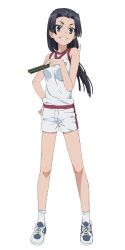  1girl ankle_socks artist_request bare_arms bare_shoulders black_eyes black_hair breasts emblem folded_fan folding_fan full_body grey_shoes grin gym_shirt gym_shorts gym_uniform hand_fan hand_on_own_hip hand_up highres holding holding_fan kongou_mitsuko long_hair looking_at_viewer medium_breasts official_alternate_costume official_art red_trim school_emblem second-party_source shirt shoes short_shorts shorts simple_background sleeveless sleeveless_shirt smile smug sneakers socks solo standing tachi-e teeth toaru_kagaku_no_railgun toaru_kagaku_no_railgun_t toaru_majutsu_no_index tokiwadai_school_gym_uniform transparent_background white_shirt white_shoes white_shorts white_socks 