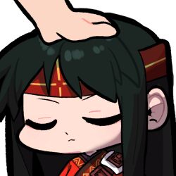  1girl belt belt_buckle brown_sash buckle closed_eyes closed_mouth commission commissioner_upload emoticon fire_emblem fire_emblem:_the_binding_blade gliesse82_5 green_hair hand_on_another's_head headband headpat red_headband solo_focus sue_(fire_emblem) 