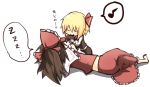 barefoot blonde_hair bow brown_hair closed_eyes crossed_legs_(lying) detached_sleeves eating frills hair_bow hair_tubes hakurei_reimu holding kumo_(atm) long_hair lying midriff musical_note no_nose on_side ponytail rumia short_hair sitting sleeping smile spoken_musical_note touhou translated zzz 