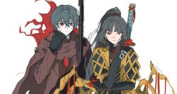  1boy 1girl cigarette contempt_awe_(e.g.o) e.g.o_(project_moon) earrings fell_bullet_(e.g.o) gun highres holding holding_cigarette holding_gun holding_weapon jewelry limbus_company long_hair n_corp._e.g.o_(identity)_(project_moon) project_moon red_eyes ryoshu_(project_moon) single_earring standing suit weapon wisdom79165 yi_sang_(project_moon) 