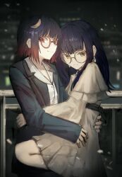  2girls absurdres black_hair capelet cokei commentary couple dress earrings english_commentary glasses highres jewelry light_smile long_hair looking_at_viewer medium_hair multicolored_hair multiple_girls original outdoors red_eyes red_hair round_eyewear 