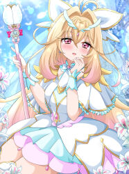  1girl antenna_hair blonde_hair blush bow brooch capelet commentary_request cure_arcana dress frilled_capelet frilled_cuffs frills gradient_hair hair_intakes heart heart_brooch highres jewelry liukensama long_hair looking_at_viewer magical_girl meitantei_precure! moria_luluka multicolored_hair open_mouth precure shine_arcana_rod smile solo veil very_long_hair white_capelet white_dress white_veil winged_heart wrist_cuffs 