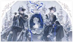  2boys absurdres ambience_synesthesia arknights bishounen black_gloves black_jacket black_robe black_wings blue_ribbon bouquet chinese_commentary commentary_request crossed_legs demon_boy dual_persona earrings feet_out_of_frame fishnet_top fishnets flower flute gloves grey_hair hair_between_eyes hair_over_one_eye head_wings highres holding holding_bouquet holding_flute holding_instrument instrument jacket jewelry logos_(arknights) logos_(npc)_(arknights) logos_(radiant_serenity)_(arknights) long_hair male_focus mole mole_under_eye multiple_boys official_alternate_costume one_eye_covered playing_flute playing_instrument pointy_ears red_eyes ribbon robe single_earring sitting smusmuye statue transverse_flute white_flower wings 