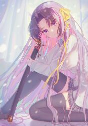  1girl absurdres backlighting black_hair black_thighhighs blush bow breasts closed_mouth collared_shirt commentary curtains day dress_shirt eyes_visible_through_hair film_grain flowingcrescent foot_out_of_frame from_side grey_skirt hair_bow hair_ribbon hair_spread_out highres holding holding_sword holding_weapon indoors katana knee_up kurugaya_yuiko large_breasts leaning_forward little_busters! little_busters!_school_uniform loafers long_hair long_ribbon long_sleeves looking_at_viewer miniskirt parted_bangs plaid_clothes plaid_skirt pleated_skirt ribbon school_uniform shirt shoes sidelocks sitting skirt smile snowing solo straight_hair sword thigh-highs thighs tress_ribbon very_long_hair violet_eyes weapon white_shirt window yellow_bow yellow_ribbon zettai_ryouiki 