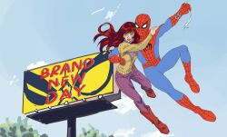  1boy 1girl billboard blue_sky boots holding lips marvel mary_jane_watson midair pants peter_parker purple_pants red_boots red_hair silk sky spider-man spider-man:_brand_new_day spider-man_(series) spider_web sweater user_hzfn8324 western_comics_(style) yellow_sweater 