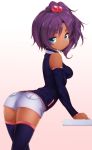  1girl arched_back ass bare_shoulders black_legwear blue_eyes breasts dark_skin detached_sleeves gradient gradient_background hair_bobbles hair_ornament looking_back original purple_hair short_shorts shorts side_ponytail smile solo thighhighs zizi_(zz22) 