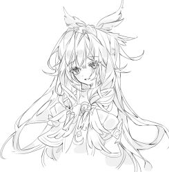  1girl bare_shoulders blunt_bangs collarbone columbina_(genshin_impact) commentary dress eyelashes eyes_visible_through_hair feathered_wings genshin_impact greyscale hair_between_eyes hair_ornament hair_tubes head_wings highres long_hair long_sleeves looking_at_viewer monochrome multiple_wings off-shoulder_dress off_shoulder open_mouth sidelocks simple_background smile solo strapless strapless_dress untranslatable_commentary upper_body very_long_hair wide_sleeves wings x_hair_ornament ziral_gyeon 