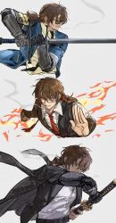  3boys absurdres black_jacket black_necktie blue_jacket brown_eyes brown_hair chinese_commentary cigarette commentary_request fire gauntlets glasses gregor_(project_moon) highres jacket jacket_on_shoulders katana kkolo432271 kurokumo_clan_(identity)_(project_moon) limbus_company liu_association_south_(identity)_(project_moon) liu_association_south_uniform low_ponytail multiple_boys multiple_persona necktie ponytail project_moon shirt simple_background smoke smoking sword tie_clip weapon white_background white_shirt zwei_association_south_(identity)_(project_moon) zwei_association_south_uniform zweihander 