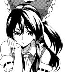  1girl armpits bare_shoulders black_hair bow fuantei hair_bow hair_tubes hakurei_reimu hands_on_own_face japanese_clothes long_hair looking_at_viewer lowres miko monochrome ponytail ribbon solo touhou 