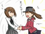  blush bow brown_hair flat_chest handshake headband kantai_collection open_mouth personification ryuujou_(kantai_collection) school_uniform short_hair skirt smile sunbeam sunlight taihou_(kantai_collection) translation_request twintails visor_cap 