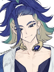  1boy adaman_(pokemon) black_shirt blue_hair blue_jacket brown_eyes closed_mouth collarbone commentary_request earrings eyebrow_cut highres jacket jewelry korean_commentary looking_at_viewer loose_hair_strand male_focus neck_ring pokemon pokemon_legends:_arceus ponytail shirt simple_background solo tillubreakin twitter_username upper_body 